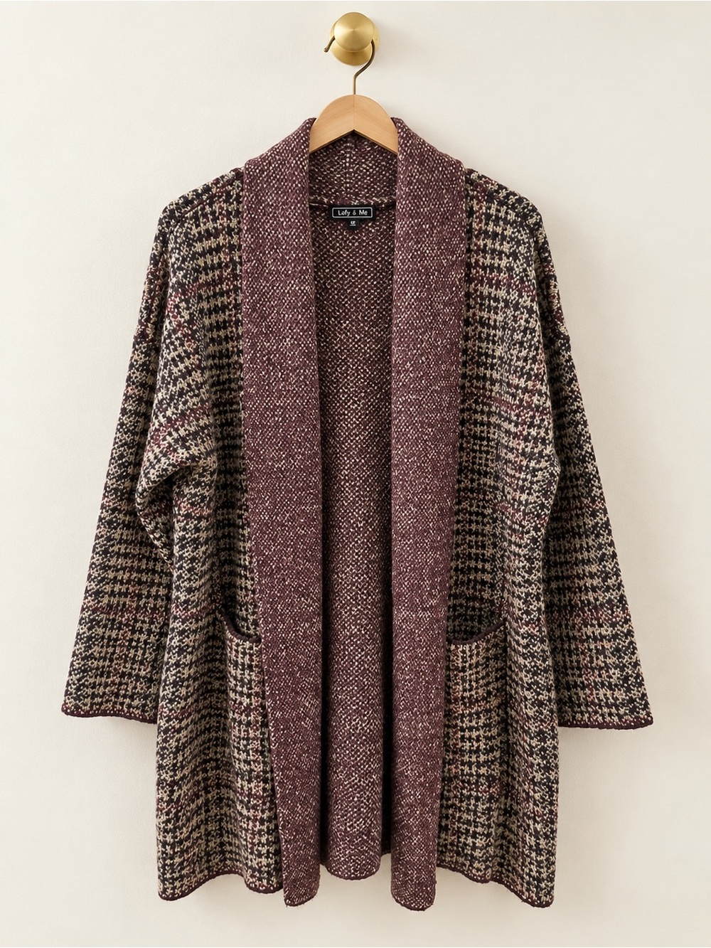 Lety & Me 2X Burgundy Tan Open Front Long Cardigan Coatigan